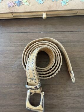 Studded Tan Leather Belt with Silver Buckle. 60 inches long .
